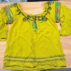 Embroidered Mustard Yellow Peasant Top, Medium